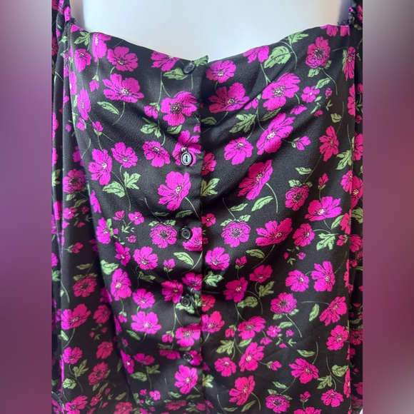 Leith Black Fuschia Floral Long Sleeve Button Up Elastic Shoulder‎ Blouse 1X - Picture 2 of 10
